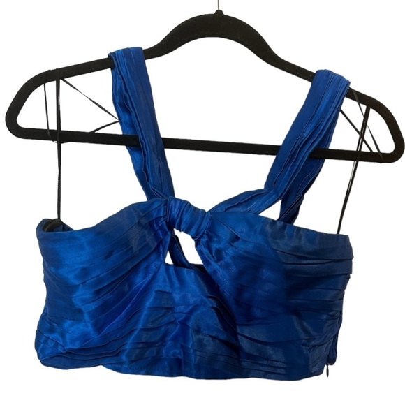 4/$20 Zara pleated cropped key hole knot blouse metallic royal blue- BNWT - Picture 3 of 8